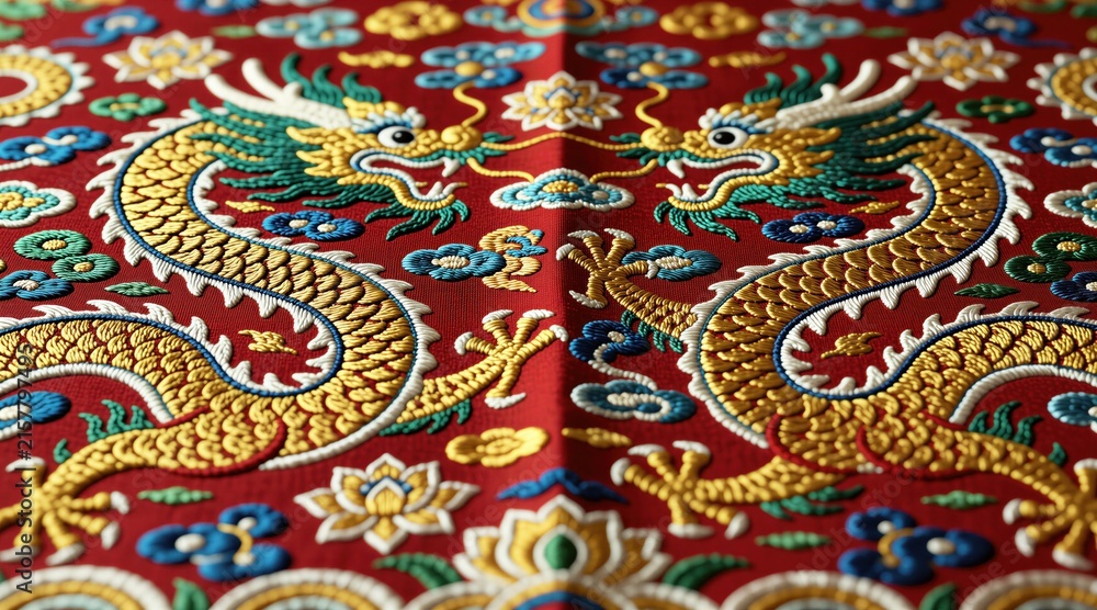 Fototapeta premium Detailed view of red silk fabric with golden Chinese dragon embroidery. Traditional oriental pattern features mythological creatures, lotus flowers. Luxurious textile material displays intricate