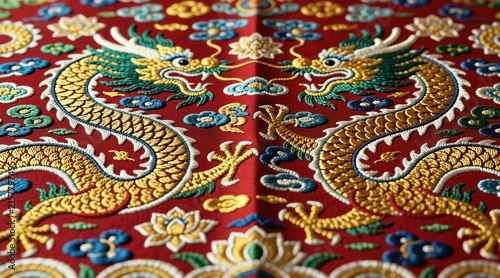 Detailed view of red silk fabric with golden Chinese dragon embroidery. Traditional oriental pattern features mythological creatures, lotus flowers. Luxurious textile material displays intricate