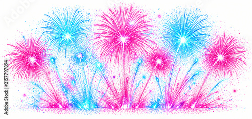 Abstract watercolor painting of vibrant pink and blue fireworks exploding against a clean white background