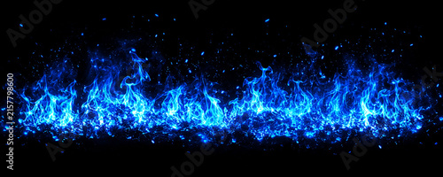 Abstract background featuring vibrant blue flames and glowing particles rising against a deep black backdrop