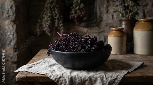 Rustic Dark Table Setting with Fresh Elderberries and Blackberries in Black Bowl on Linen Cloth with Vintage Ceramic Jars