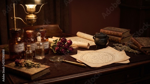 Mystical Witchcraft Alchemist Desk with Vintage Star Maps Dried Roses and Apothecary Bottles Art