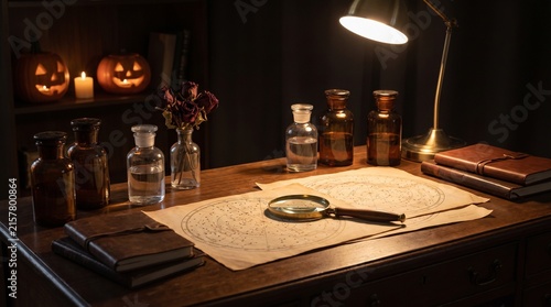 Vintage Mystic Desk with Star Maps Magnifying Glass and Halloween Pumpkins in Warm Lamp Light Background