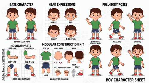 Boy character design sheet with modular construction kit including head expressions and full body poses, illustrating rigging components representing professional animation assets