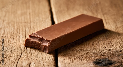 A single chocolate bar with a bite taken out, on a wooden surface
