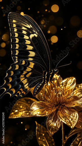 Stunning black and yellow butterfly perched on a detailed metallic golden flower against a dark black background with shimmering golden bokeh light particles for luxury