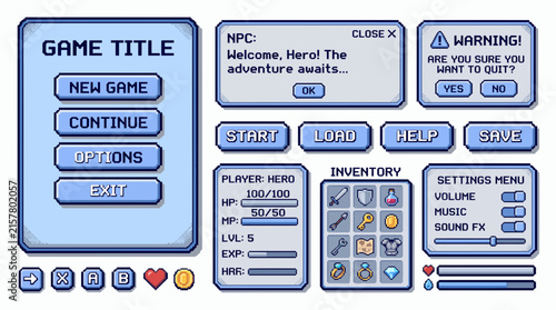 Pixel art retro video game user interface kit with light blue frames featuring menu buttons, inventory icons and player stats bars, provides essential assets and illustrating RPG mechanics