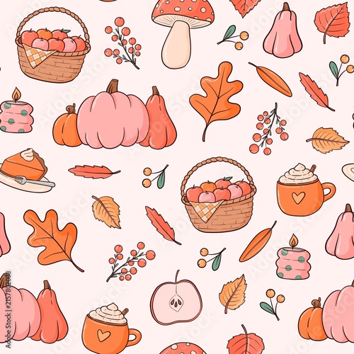 Autumn and Thanksgiving doodles seamless pattern for textile prints, wallpaper, scrapbooking, stationery, wrapping paper, dish towels, etc