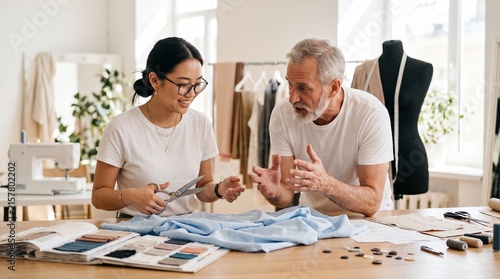 Experienced tailor teaching young Asian fashion design student how to cut blue fabric properly using professional steel scissors inside a brightly lit modern sewing studio