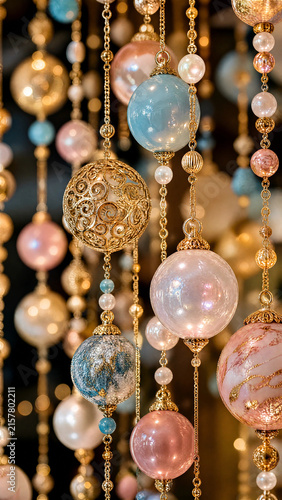 Opulent hanging decorative beads and iridescent spheres in gold pink and blue tones suspended from golden chains creating a luxurious and elegant interior ornamental display