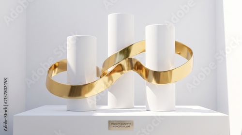 Abstract financial stability and growth concept with metallic liquid gold ribbon looping through white architectural columns