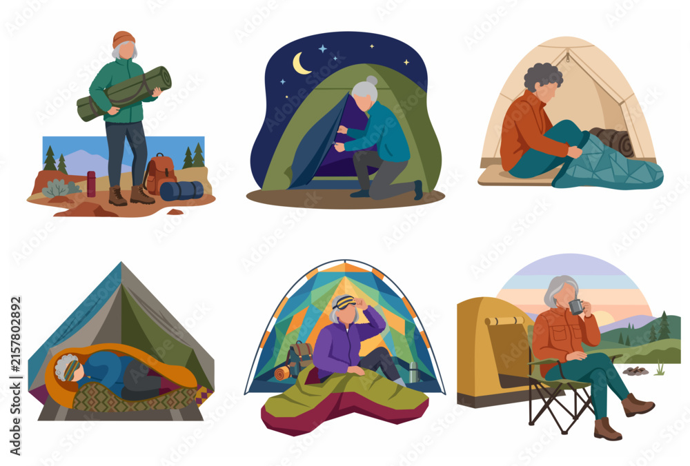 Fototapeta premium Active Seniors Camping and Hiking Flat Illustration Set. Elderly People Enjoying Outdoor Activities, Sleeping in Tents, Trekking, and Relaxing in the Wilderness.