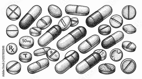 Collection of hand drawn vintage engraved pills capsules and medicinal tablets isolated on white background, illustrating pharmaceutical health concepts, provides medical treatment industry