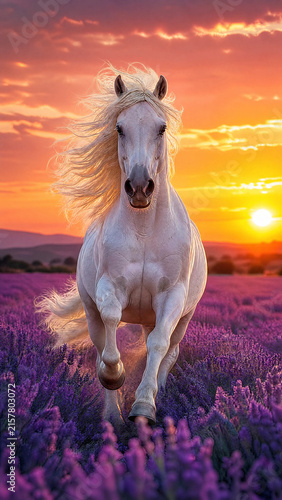 Majestic white horse galloping through a purple lavender field toward the camera during a vibrant orange and yellow sunset, dynamic action and freedom concept illustration