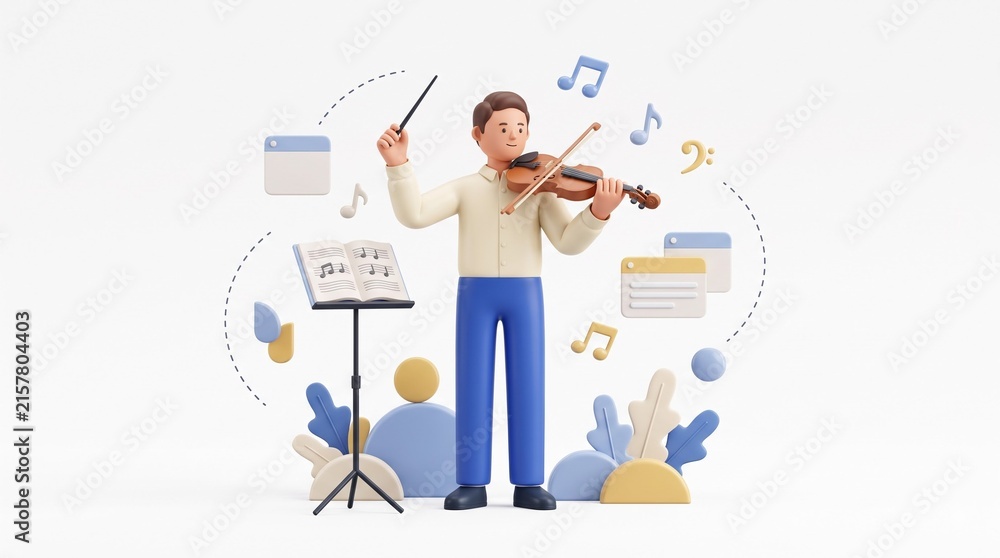 Obraz premium 3d cartoon character playing violin with floating musical notes with notes interface elements while holding conductor conductor baton amidst