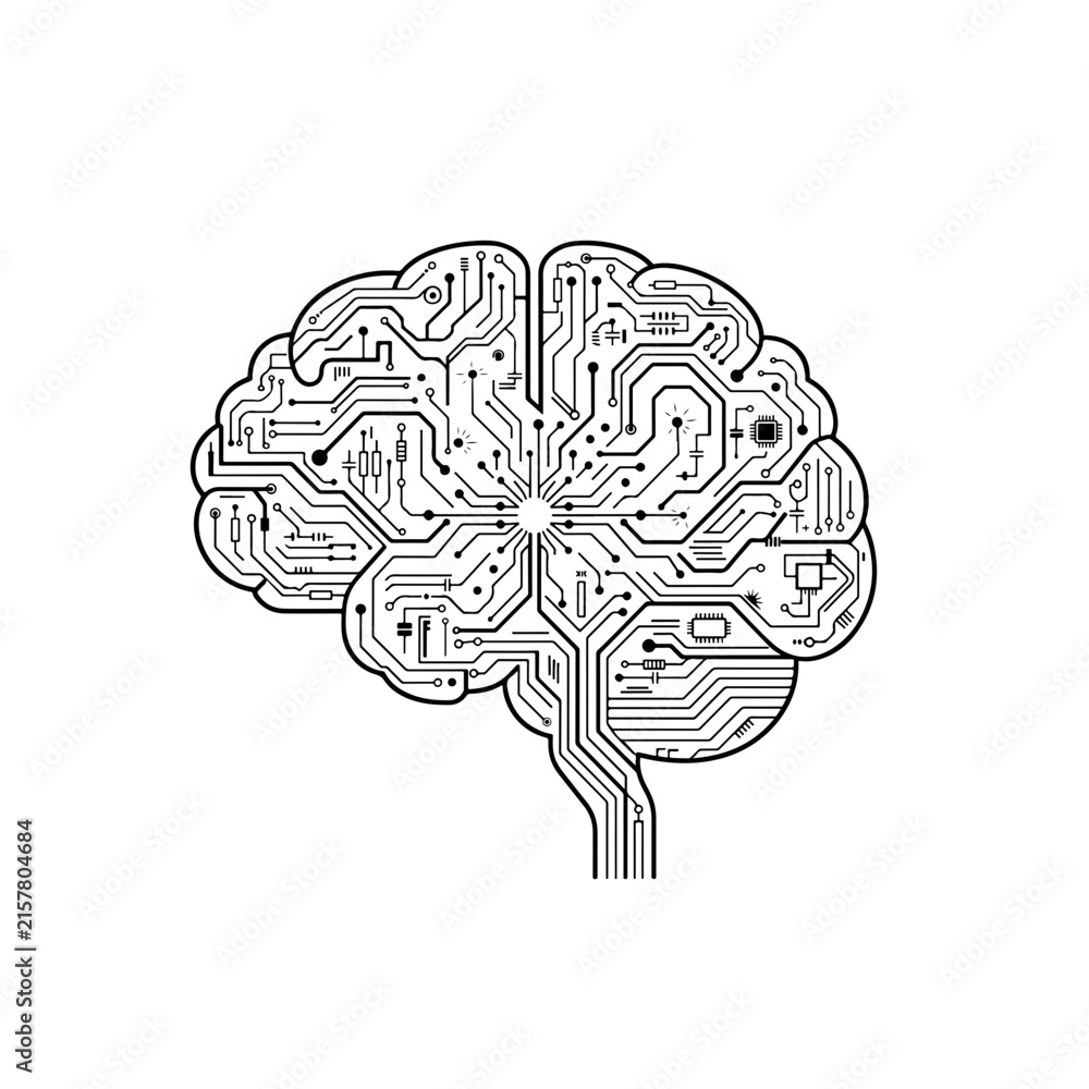 Fototapeta premium AI Digital Brain Circuit Vector Illustration - Artificial Intelligence Circuit Board Line Art Concept Isolated on White Background