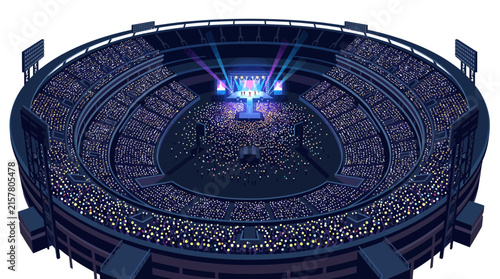 Aerial view of a crowded circular stadium with a bright central stage.
