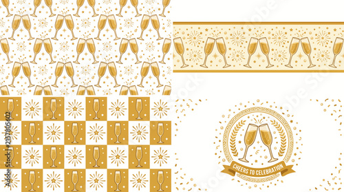Champagne Toast Celebration Patterns and Emblems Set.