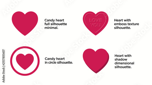 Collection of stylized candy heart icons for Valentines Day designs.