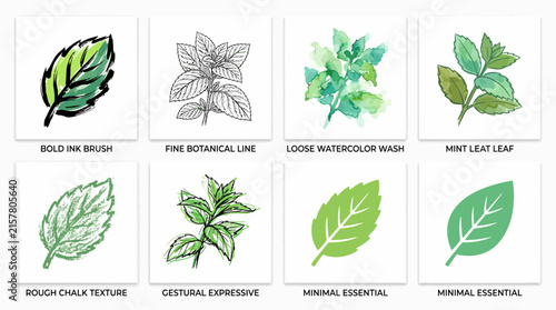 Collection of various artistic mint leaf illustrations and botanical sketches.