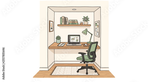 Cozy home office nook illustration in a closet.