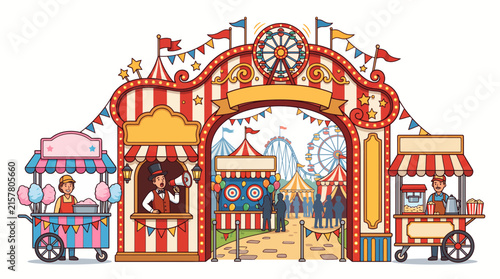Colorful Carnival Entrance Gate with Amusement Park Attractions.