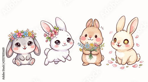 Cute watercolor baby bunnies collection with flowers.