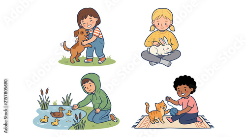 Diverse Children Interacting with Various Pets and Animals Illustration Set.