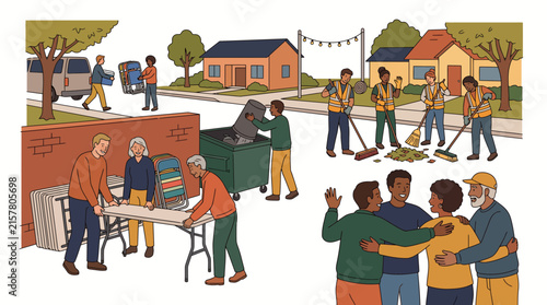 Diverse Community Volunteers Working Together on Neighborhood Cleanup Project.
