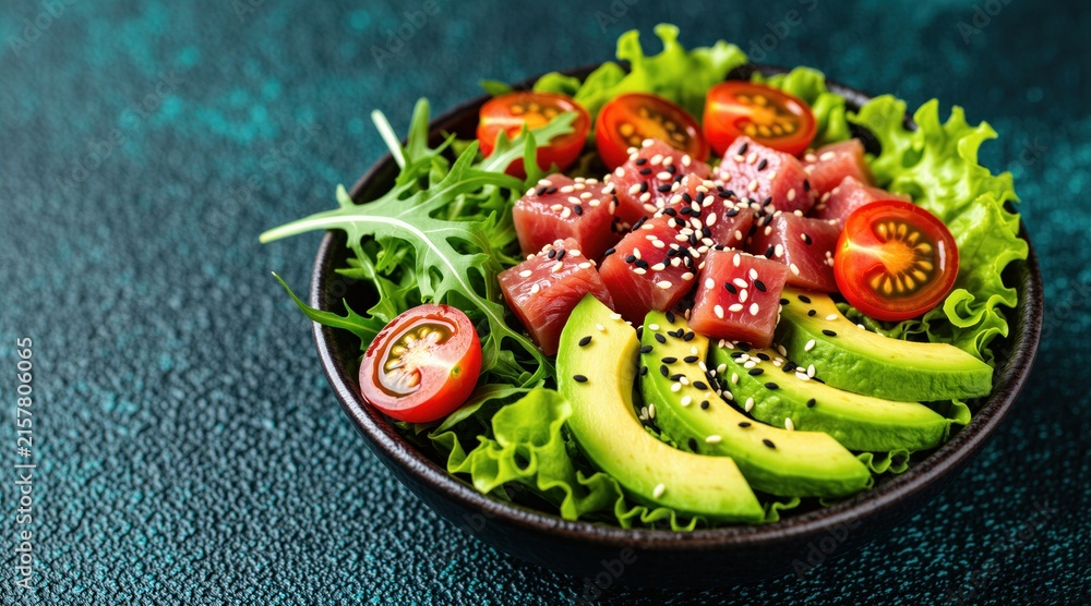 Fototapeta premium Fresh poke bowl with tuna chunks avocado slices cherry tomatoes and lettuce. Healthy raw fish seafood meal on dark table. Delicious and vibrant food.