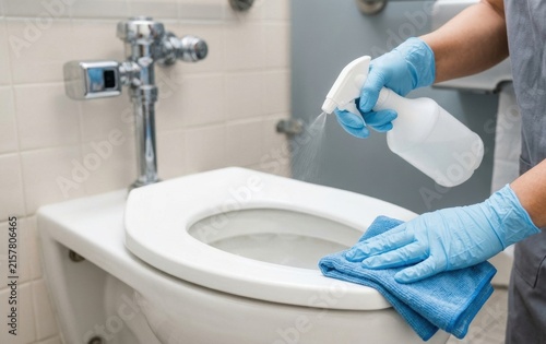 Person using blue protective gloves to sanitize and clean a public toilet seat with cleaning sanitizing disinfecting