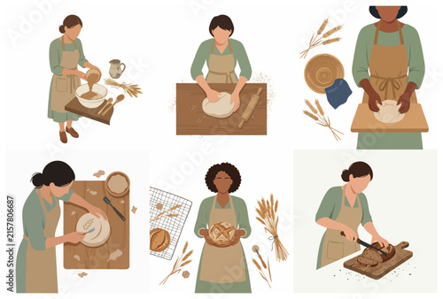 Set of flat vector illustrations showing the process of a woman baking homemade artisan sourdough bread