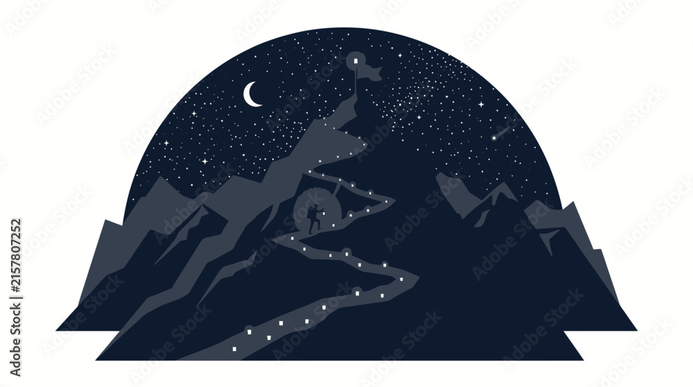Obraz premium Minimalist mountain landscape illustration at night with winding path.