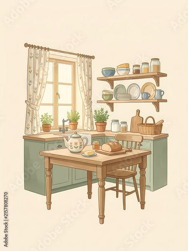 Cozy kitchen with wooden table and shelves