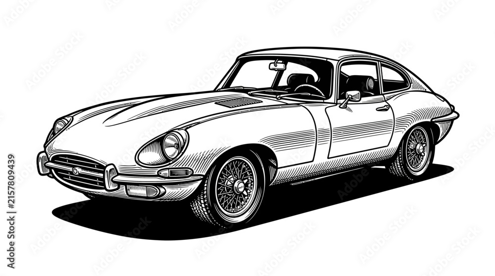 Fototapeta premium Sleek vintage sports car profile ink drawing illustration.