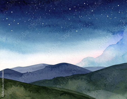 ブルーグリーンの水彩画タッチで描いた星空と山並みのイラスト