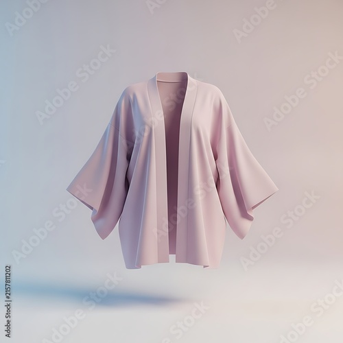 Soft pink kimono-style robe floating in a minimalist pastel backdrop with sculptural drape.