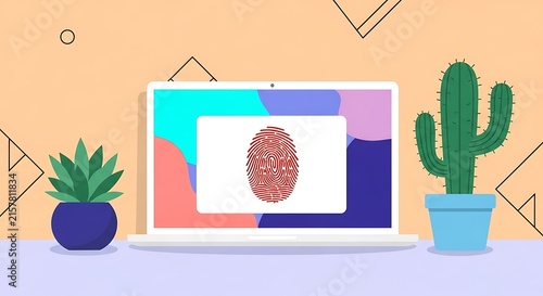 Laptop with fingerprint security on desk with plants
