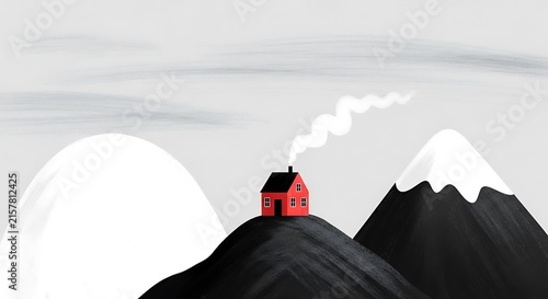 Small red house on hill in minimalist mountain landscape