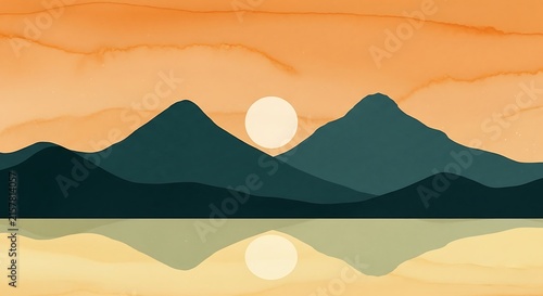 Sunset over serene mountains and lake in minimalist style