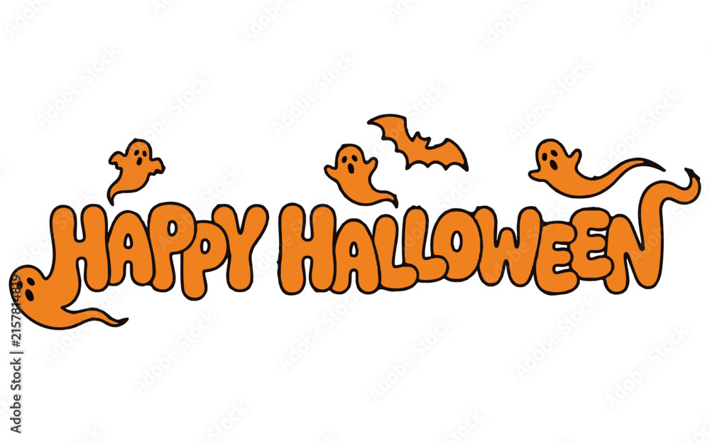 Fototapeta premium Happy Halloween vector text design with cutout eyes type lettering on white. Cute ghost and bat characters integrated into spooky orange typography. isolated on White Background halloween