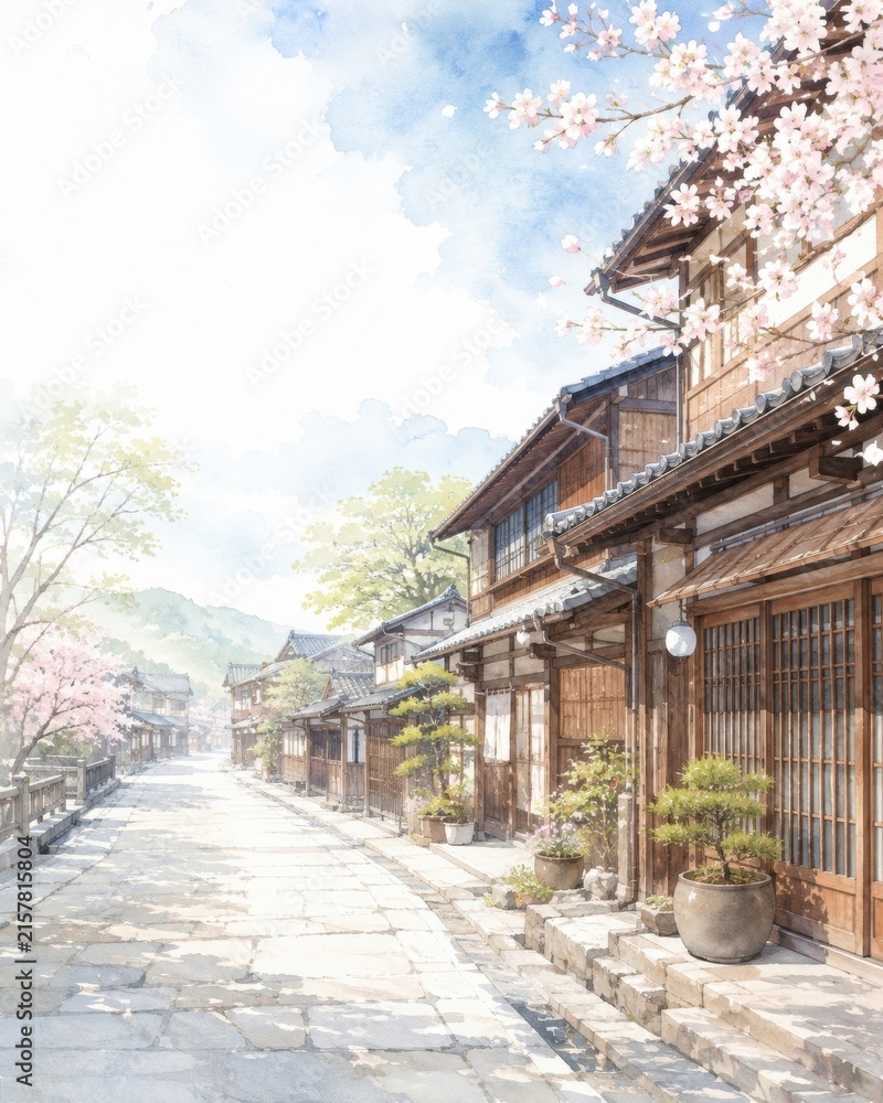 Fototapeta premium 満開の桜が咲く古い町家の石畳の路地、日本の春の町並みを描いた水彩イラスト(縦構図)