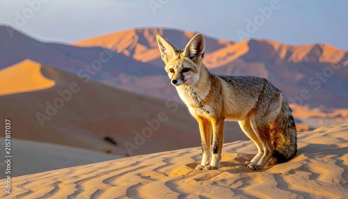 Fennec Fox Standing on Desert Dune at Sunset