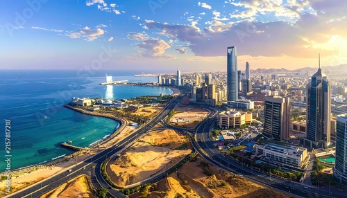 Sunny Modern City Skyline Over Coastal Highway and Sea