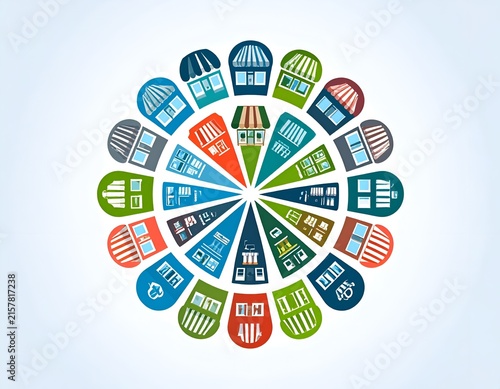 Symmetrical wheel of colorful marketplace storefront icons.