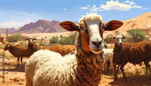 Curious Llama in Desert Landscape with Mountain Backdrop