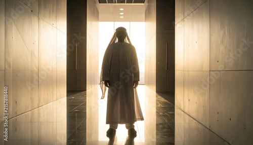 Silhouetted Figure in Long Robe Standing in Bright Corridor