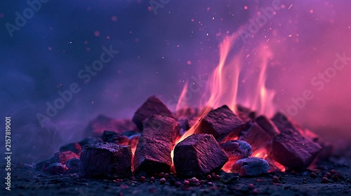 Macro shot of glowing charcoal briquettes and burning embers under purple and blue smoke with flying sparks and copy space Theme of heat