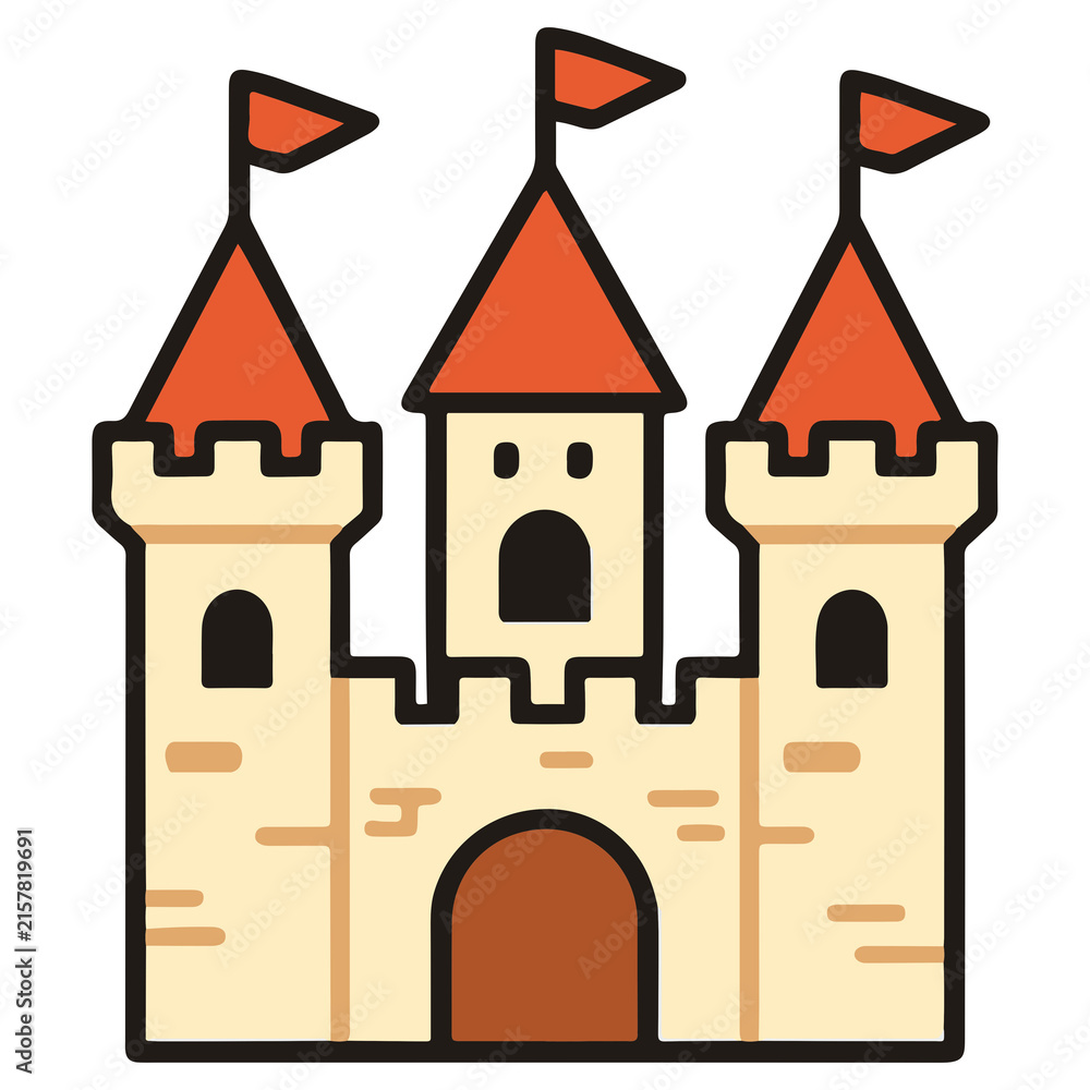 Naklejka premium Fairytale magic kingdom castle fortress in retro bold outline offset style vector illustration