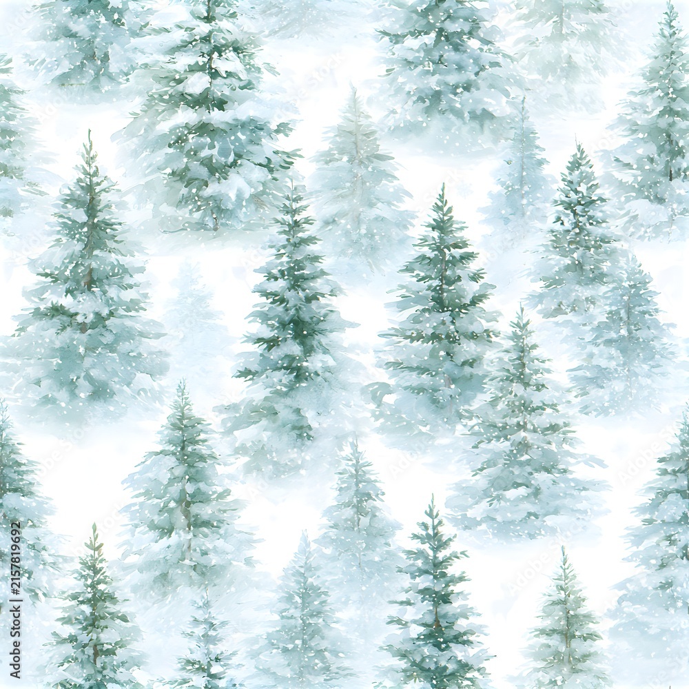 Fototapeta premium Winter patterns show dense evergreen trees with a snowy background